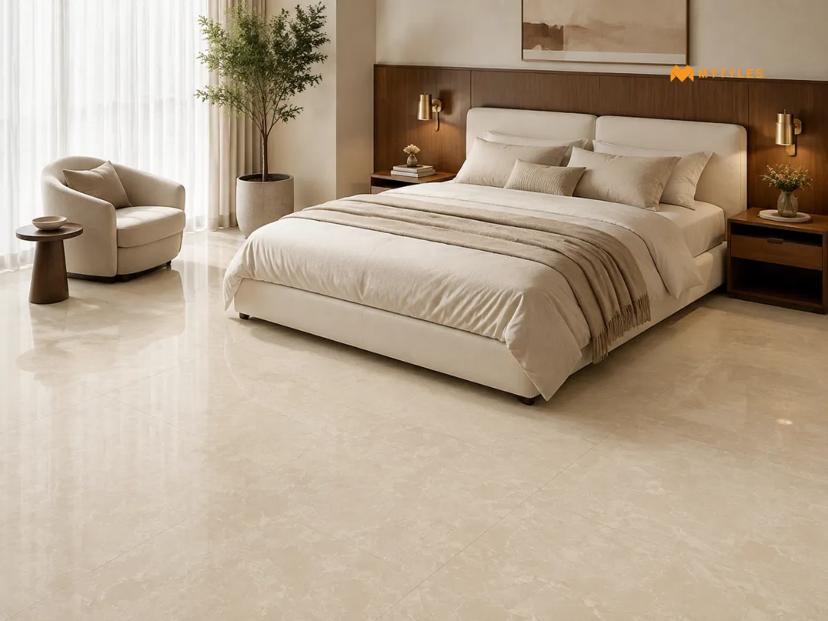 Cream Brescia Glossy Marble Tile in Bedroom